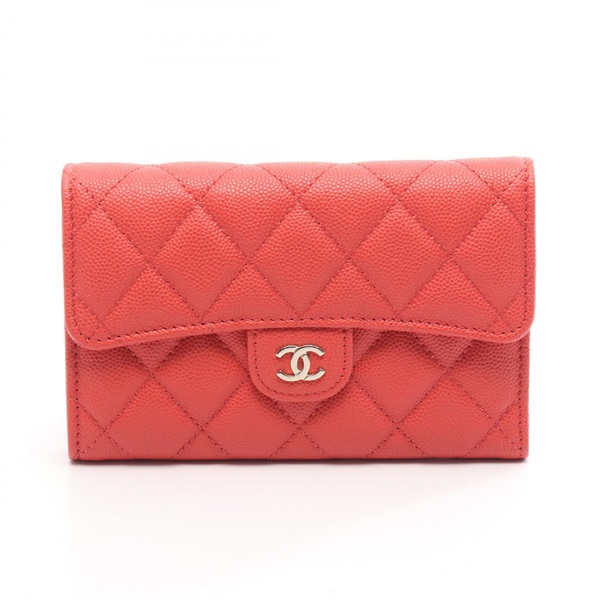 CHANEL Matelasse Tri-fold long wallet purse Calfskin leather Red Used SHW women