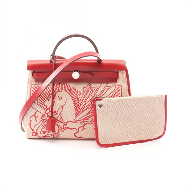 HERMES Herbag Zip PM Pegasus Pop Handbag Z Toile H Hunter Rouge Piment SHW
