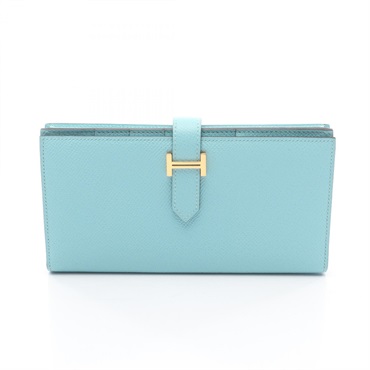 HERMES Bearn Soufflet Bifold purse long wallet X Epsom Blue atoll Used GHW Women