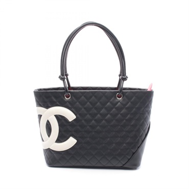 CHANEL Cambon Line Large Shoulder Tote Bag leather Black White Used Women SHW
