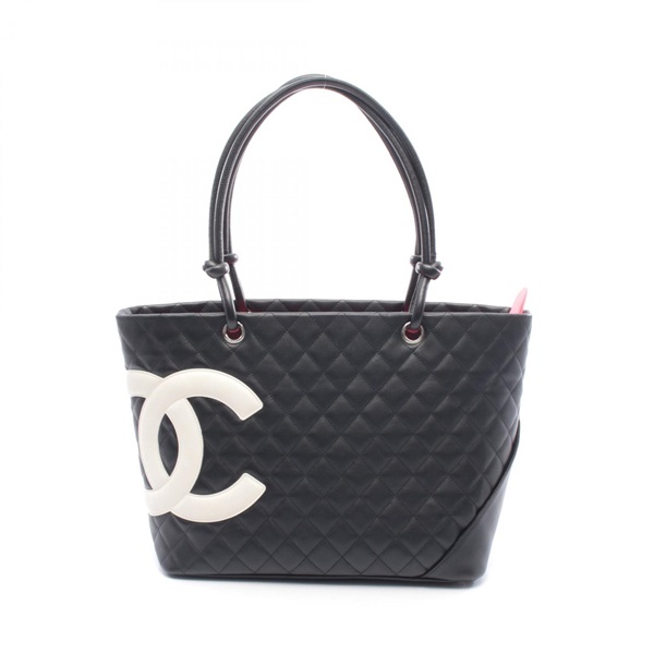 CHANEL Cambon Line Large Shoulder Tote Bag leather Black White Used Women SHW