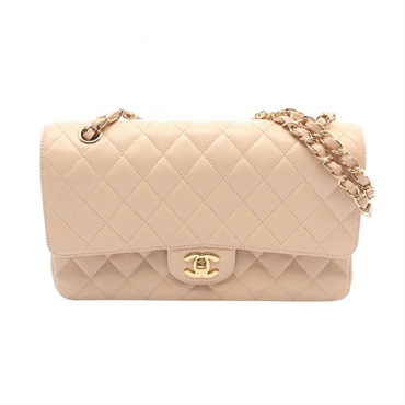 CHANEL Matelasse W flap Shoulder Bag A01112 leather Calfskin Beige Used GHW
