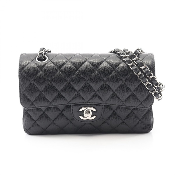 CHANEL Matelasse W flap chain Shoulder Bag leather Black Used Women SHW