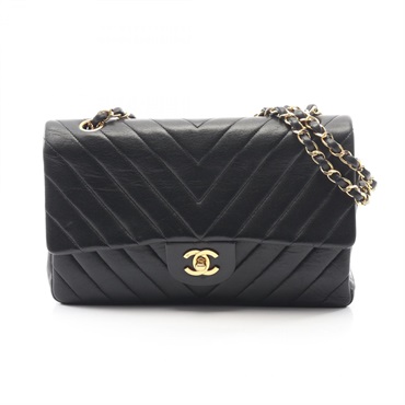 CHANEL Chevron V-stitch W-flap chain Shoulder Bag Lambskin Black Used GHW