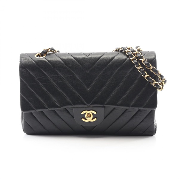 CHANEL Chevron V-stitch W-flap chain Shoulder Bag Lambskin Black Used GHW
