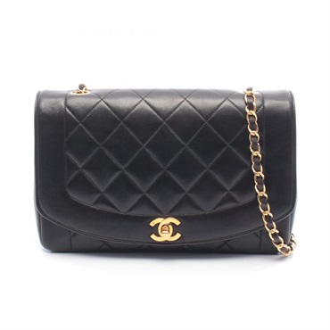 CHANEL Matelasse Diana Flap Chain Shoulder Bag Lamb leather Black Used Women GHW
