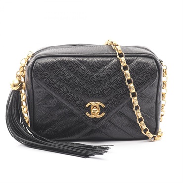 CHANEL V-Stitch Chevron chain Shoulder Bag Grained calf leather Black Used GHW
