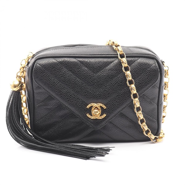 CHANEL V-Stitch Chevron chain Shoulder Bag Grained calf leather Black Used GHW
