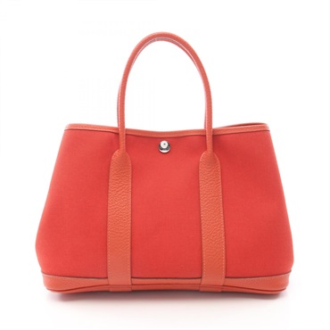HERMES Garden party TPM Tote Handbag canvas Vache Hunter leather Red SHW Used X