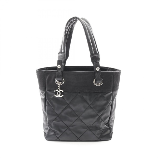CHANEL Paris Biarritz PM Tote Hand Bag PVC coated canvas leather Black Used SHW
