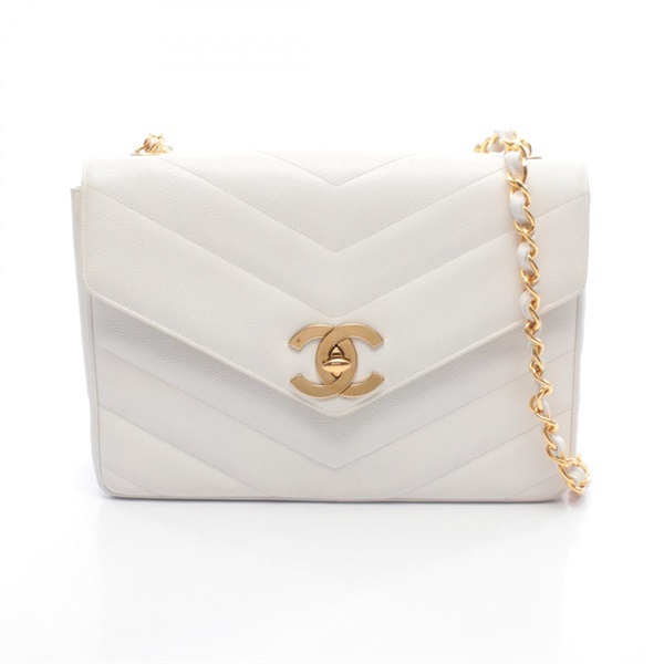 CHANEL Large COCO Mark Chevron V Stitch Chain Shoulder Crossbody Bag White Used
