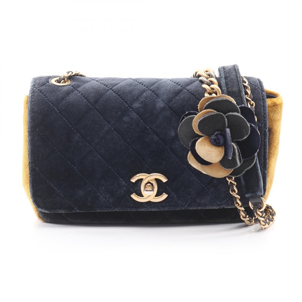 CHANEL Matelasse Camellia Chain Shoulder Bag Fabric Navy Brown Used Women