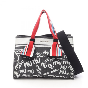 Miu Miu DENIM LOGO Shoulder Tote Crossbody Bag canvas Gray White Red Used Women