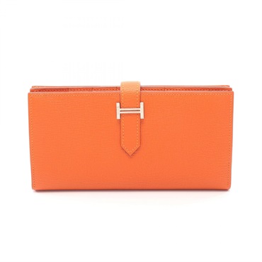 HERMES Bearn Soufflet Bifold purse wallet Chevre leather Orange poppy SHW Used X