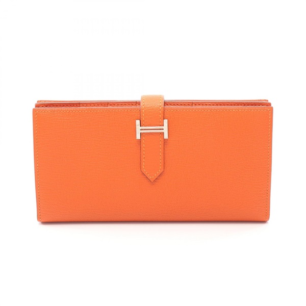 HERMES Bearn Soufflet Bifold purse wallet Chevre leather Orange poppy SHW Used X