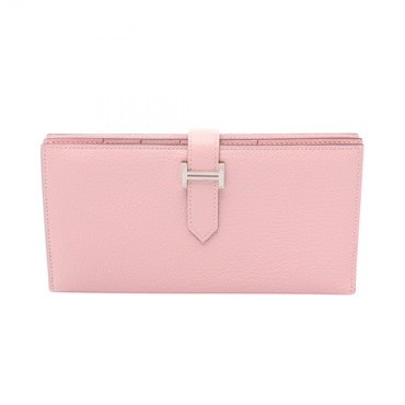 HERMES Bearn Soufflet Bifold purse wallet Chevre leather Rose sakura SHW Used D