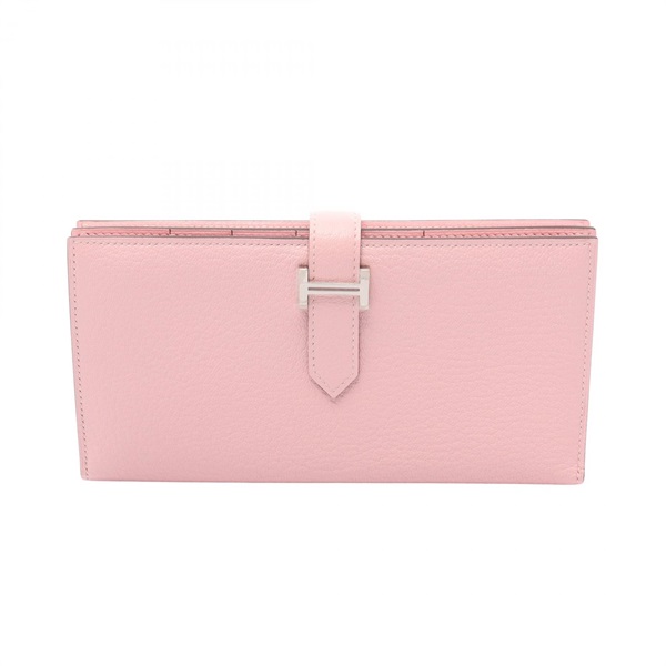 HERMES Bearn Soufflet Bifold purse wallet Chevre leather Rose sakura SHW Used D