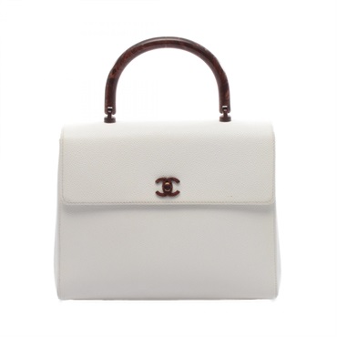 CHANEL COCO Mark Plastic Handle Handbag leather Grained calfskin White Used CC
