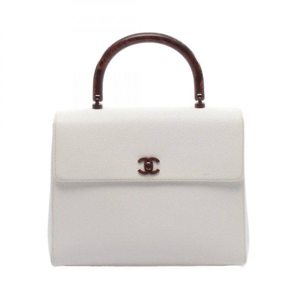 CHANEL COCO Mark Plastic Handle Handbag leather Grained calfskin White Used CC