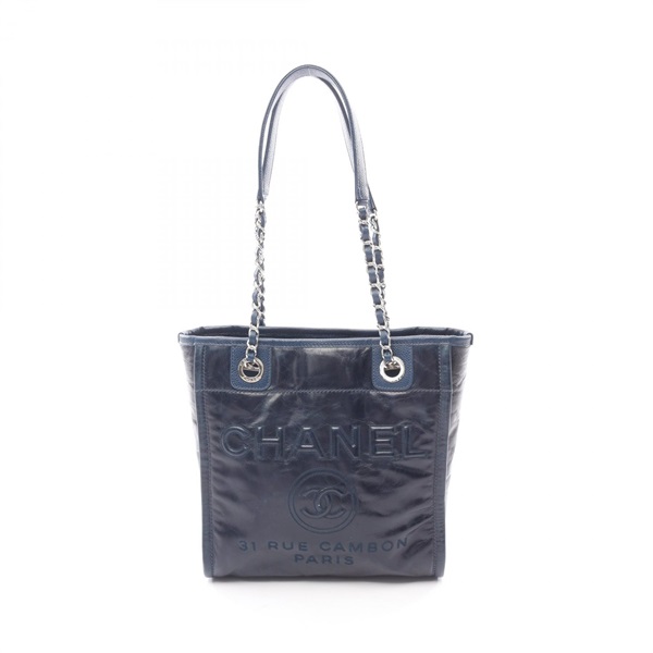 CHANEL Deauville PM Chain Shoulder Tote Bag leather Blue Used Women SHW CC