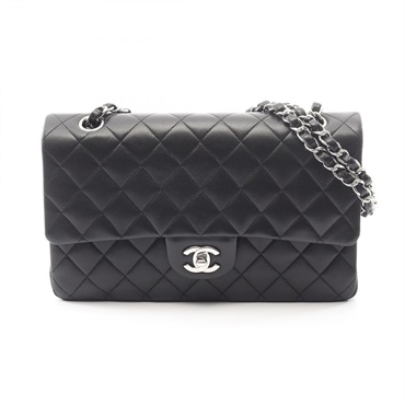 CHANEL Matelasse W flap chain Shoulder Bag Lambskin Black Used Women SHW