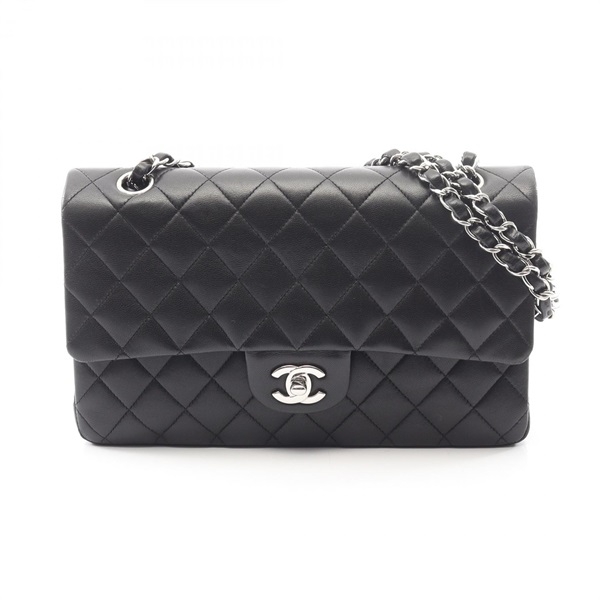 CHANEL Matelasse W flap chain Shoulder Bag Lambskin Black Used Women SHW