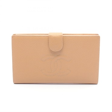 CHANEL COCO Mark Bifold long clasp purse wallet Grained Calf leather Beige Used