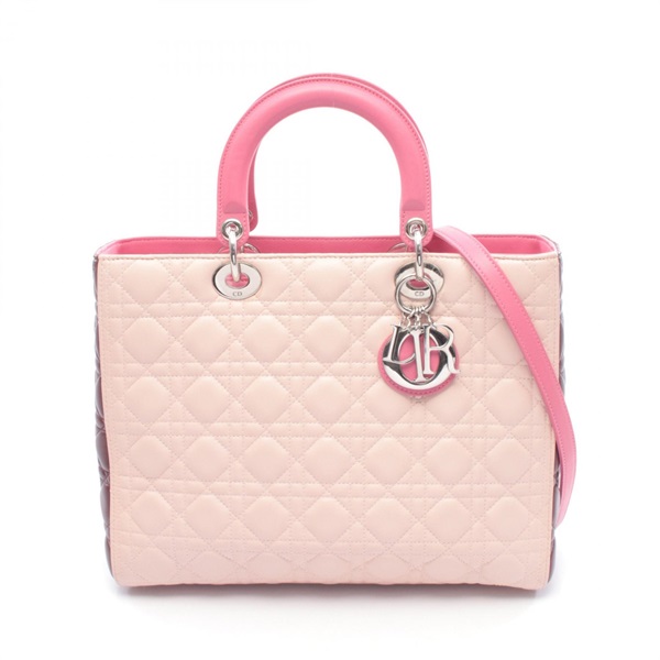 Christian Dior Lady Dior Large Cannage Shoulder Handbag leather Pink Used Women