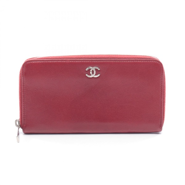 CHANEL Around zip long wallet purse leather Calfskin leather Red Used Women SHW