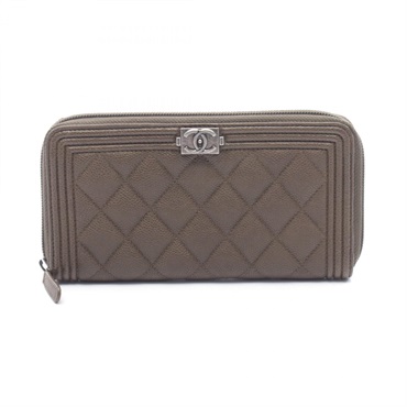CHANEL Boy chanel Around long wallet A80288 Calfskin Khaki SHW Used Women