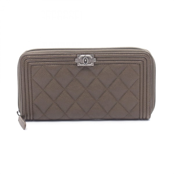 CHANEL Boy chanel Around long wallet A80288 Calfskin Khaki SHW Used Women
