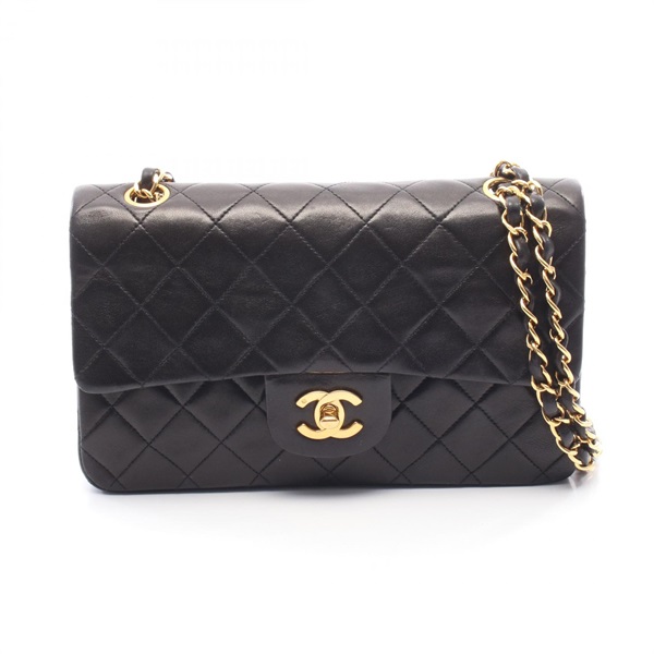 CHANEL Matelasse W flap chain Shoulder Bag Lambskin leather Black Used Women GHW