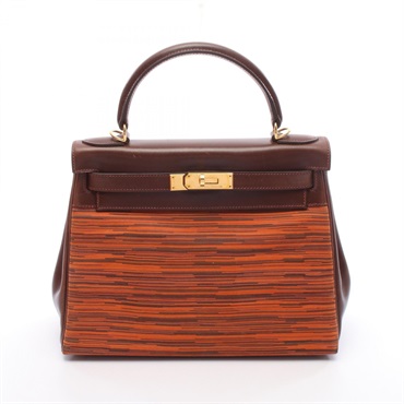 HERMES Kelly 28 Shoulder Handbag Vibrato Calf leather Orange Brown GHW Used E