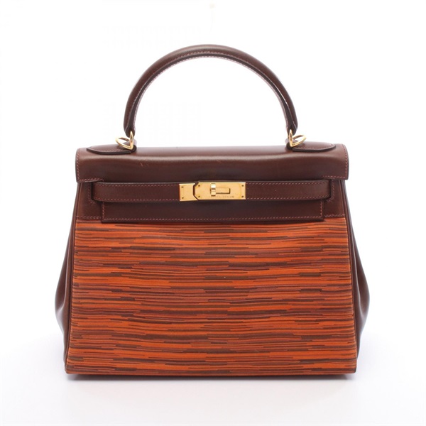 HERMES Kelly 28 Shoulder Handbag Vibrato Calf leather Orange Brown GHW Used E
