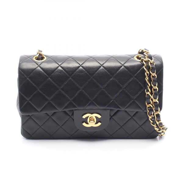 CHANEL Matelasse W flap chain Shoulder Bag A01113 Lambskin Black Used Women GHW