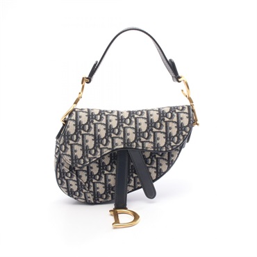 Christian Dior Mini Saddle Oblique Jacquard Handbag canvas leather Navy Used