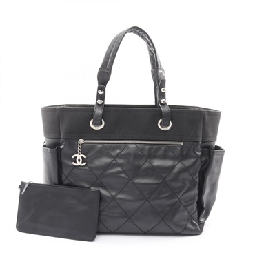 CHANEL Paris Biarritz GM Tote Handbag PVC coated canvas leather Black SHW Used