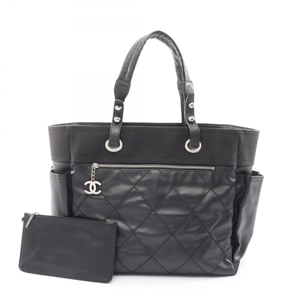 CHANEL Paris Biarritz GM Tote Handbag PVC coated canvas leather Black SHW Used