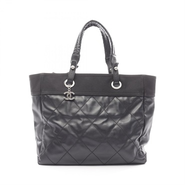 CHANEL Paris Biarritz MM Tote hand Bag A34209 canvas leather Black Used Women