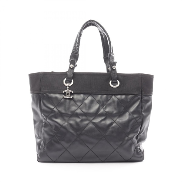 CHANEL Paris Biarritz MM Tote hand Bag A34209 canvas leather Black Used Women