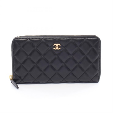 CHANEL Classic Long Zip Wallet Matelasse Around purse Lambskin Black Used GHW