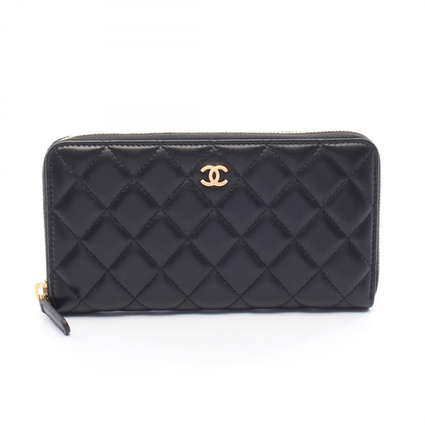 CHANEL Classic Long Zip Wallet Matelasse Around purse Lambskin Black Used GHW