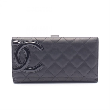 CHANEL Cambon line Bifold long wallet purse Patent leather Black Used Women SHW