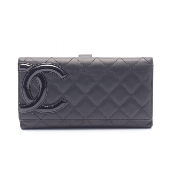 CHANEL Cambon line Bifold long wallet purse Patent leather Black Used Women SHW