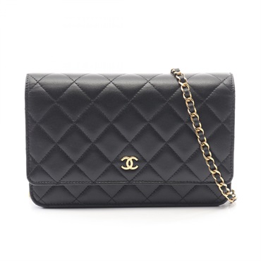 CHANEL Matelasse Chain Shoulder Bag Lambskin sheep leather Black Used Women GHW