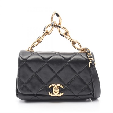 CHANEL Matelasse Chain Shoulder Hand Bag Lamb sheep leather Black Used Women GHW