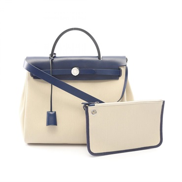 HERMES Herbag Zip PM Shoulde Handbag Toile Military canvas leather Beige Used Z