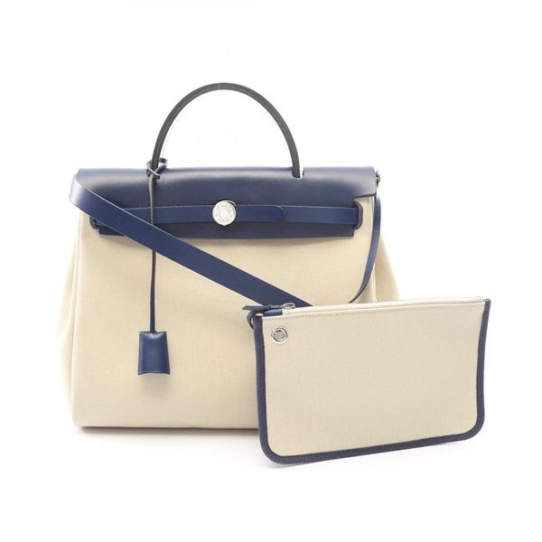 HERMES Herbag Zip PM Shoulde Handbag Toile Military canvas leather Beige Used Z