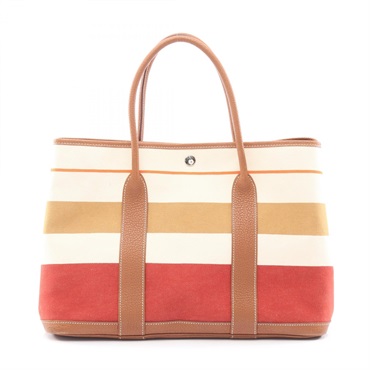 HERMES Garden Party PM Tote Handbag canvas leather Beige Rouge SHW Used Q