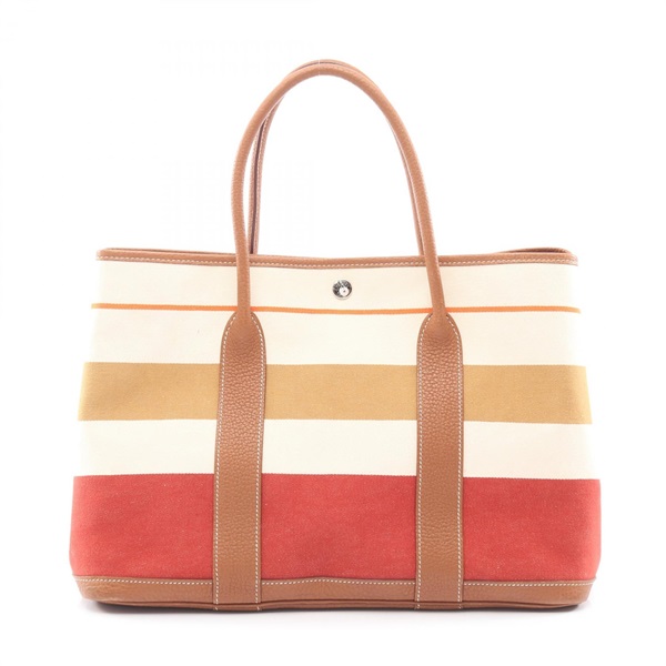 HERMES Garden Party PM Tote Handbag canvas leather Beige Rouge SHW Used Q